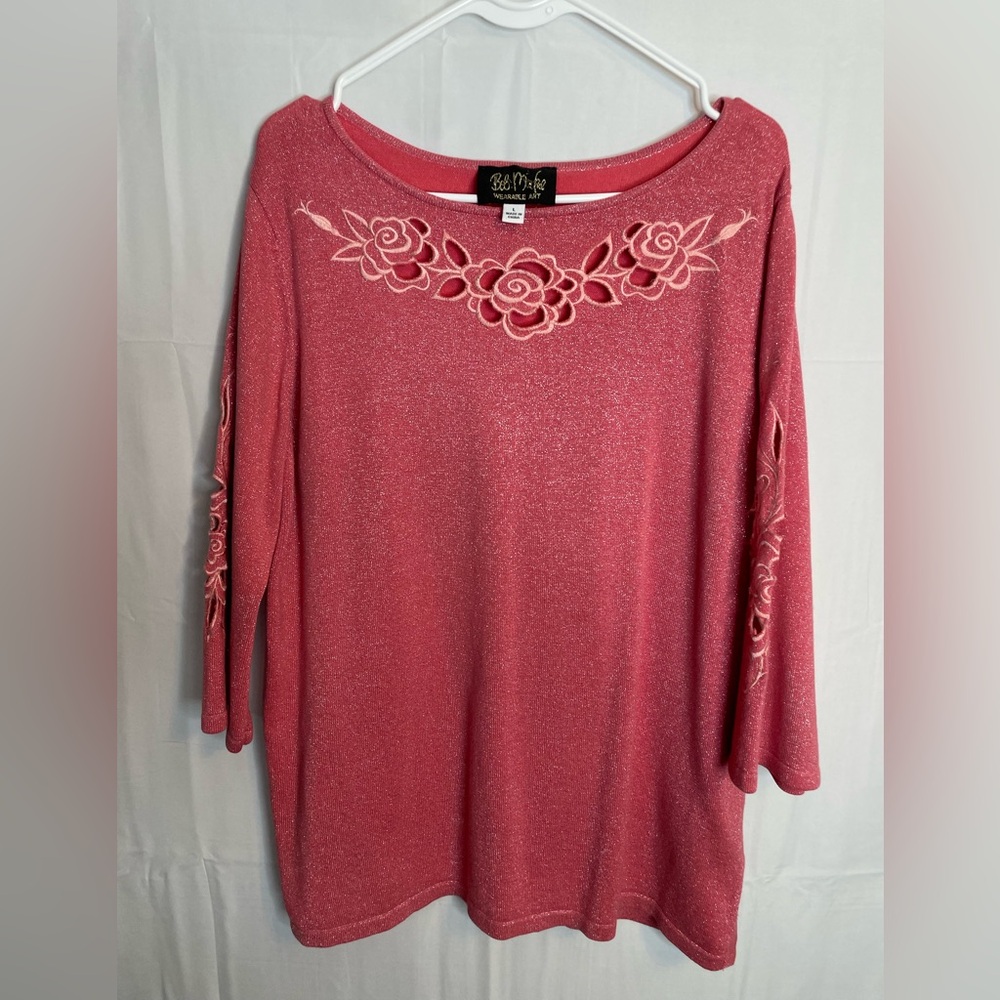 Bob Mackie Women’s Large Wearable Art Long Sleeve Rose Cut Out Sweater Pink 5391